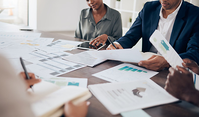 Image showing Paper documents research, business people hands and team planning data, budget logistics and marketing meeting. Closeup company group employees, strategy analytics ideas and finance report management