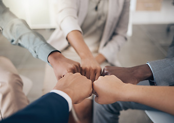 Image showing Teamwork, diversity hands and trust with business people with fist together for collaboration, support and motivation. Closeup of multiethnic group, team and colleagues working for growth and success