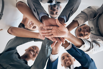 Image showing Work, motivation and hands in teamwork support of happy office worker group together. Business collaboration, community and working success of company employees ready to start corporate team project