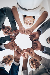 Image showing Team building, community and fist or hands for support, trust and teamwork for networking, collaboration and trust. Business people, diversity and employee with motivation, vision and global success.