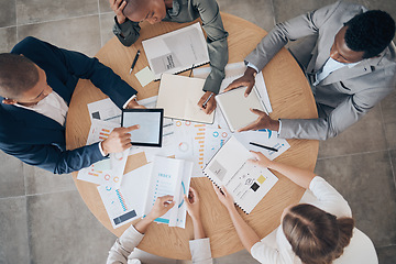 Image showing Business, teamwork and finance documents for a financial accounting and digital project. Corporate collaboration or working and company growth strategy of a office team together with tech data paper