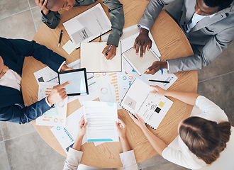 Image showing Teamwork, planning and technology documents from above of startup business meeting working on digital finance accounting data. Success, collaboration and partnership of creative web design management