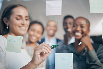 Image showing Business, collaboration and work planning in a team project meeting at a office. Happy, diversity and teamwork of a working, corporate and advertising company with sticky notes for marketing strategy