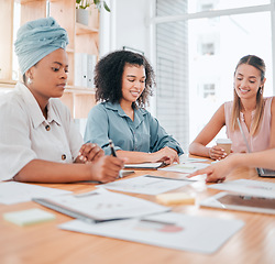Image showing Paperwork, corporate women team consulting in an office for a business collaboration. Diversity, teamwork and business people in a meeting working on a project or strategy with company documents