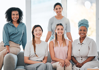 Image showing Business women, diversity and global teamwork collaboration in female startup, marketing company or inclusive office. Happy portrait, smile employee or worker with motivation vision in about us brand