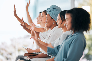 Image showing Business women question hands raised in diversity, inclusion and empowerment workshop training or team meeting. Group of people or audience in a convention seminar discussion with development ideas