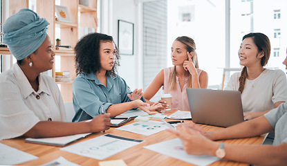 Image showing Meeting, planning and women talking about ideas with marketing, advertising or finance analytics team in diversity office. Business people together for teamwork, project management and collaboration