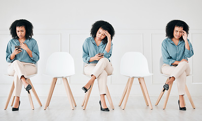 Image showing Woman on phone after business job interview, angry or frustrated after being rejected by hr and becomes overwhelmed getting a notification via text. Talent, experience and standing out is a priority