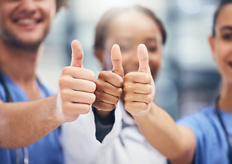 Image showing Doctors, nurses or thumbs up hands in success, teamwork collaboration or trust with medical winner goal. Zoom on thank you, motivation and vote emoji on man and support women in healthcare hospital