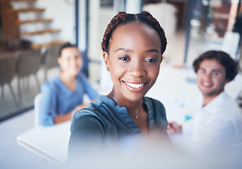 Image showing Whiteboard, leader and business people in a meeting presentation writing group project ideas. Diversity, collaboration and marketing team planning a creative development strategy with a black woman