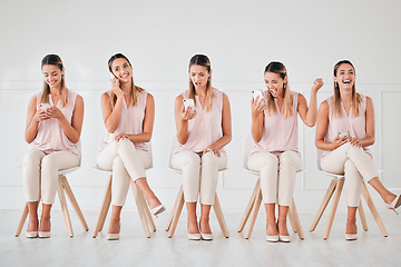 Image showing Woman with phone in waiting room for interview, on call and reading email with good news. Girl wait for hiring manager, communicate on smartphone via app, express happy emotion or feeling