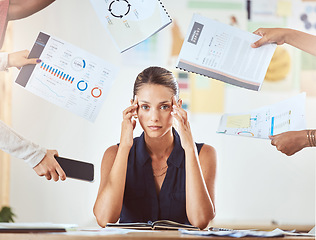 Image showing Work, stress burnout and anxiety headache of a business woman overwhelmed with work documents. Tax paperwork, audit information and multitask project of a working woman suffering with mental health