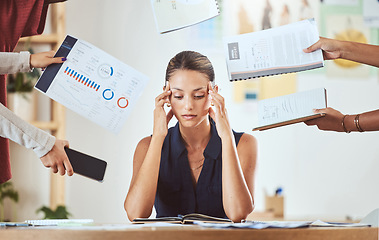 Image showing Stress, headache and burnout with business woman feeling overwhelmed by a busy schedule and deadline in an office. Corporate employee suffering anxiety and mental breakdown from workload and tasks