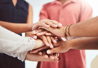 Image showing Hands, support and motivation of diversity of friends showing a helping hand and community. People in a group circle with trust, friendship love and hope to show solidarity together for good teamwork