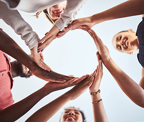 Image showing Diversity, teamwork and hands in circle synergy of employee workers together in collaboration and solidarity. Diverse group of people hand in unity for agreement, help and team for community support