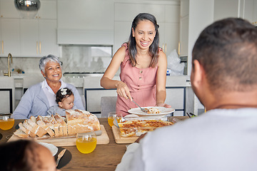 Image showing Home, happy and family brunch with food, bread and drinks for meal, feast or buffet. Women, grandma and kids at family home reunion for relax, bonding and quality time with mom, baby and children