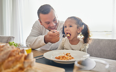 Image showing Father feed lunch food to girl for support with health, child development and growth while relax at home. Eating meal, dad or man feeding kid daughter while happy and enjoy quality time together