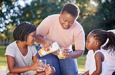 Image showing Black woman, park and children family drinks juice for healthy nutrition or wellness nutritionist diet on picnic. Mother with girl kids or black people smile with citrus fruit orange juice in summer