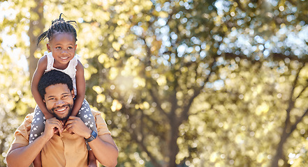 Image showing Happy, black father and daughter smiling and holding dad in summer nature together for bonding time outdoors. African family man and girl on shoulders with smile in happiness for playful fun outside