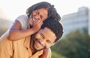 Image showing Happy, black father and daughter smiling on back in joyful happiness and bonding in the outdoor nature. African little girl smile, laughing and enjoying time with caring dad in the summer outside