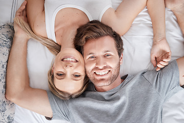 Image showing Couple portrait, above bed and smile for love marriage in bedroom, happy with support and content with sleep. Top view face of calm man and woman in happiness together after sleeping in apartment