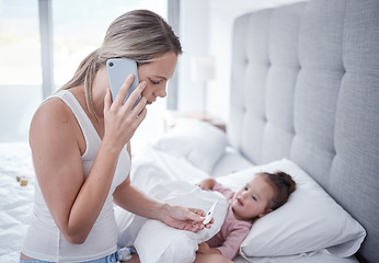 Image showing Bed, sick girl and mother phone a doctor feeling stress reading thermometer results. Mom on a mobile call listen and help with child health care for kid in a house bedroom feeling anxiety from covid