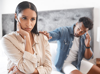 Image showing Couple fighting, sad woman ignore man who try stop conflict or divorce in home. Angry lady in bedroom, guy touch with hand wants communication or conversation about problem in house