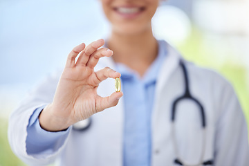 Image showing Healthcare, medicine and pills in a hand of a doctor working in a hospital for health, wellness and insurance. Medical medication and antibiotic in the hands of a healthcare practitioner in a clinic