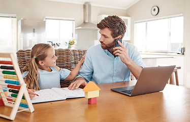 Image showing House, kid study and working dad using phone doing child care and remote work. Family home of a man helping his girl with school learning help while on a corporate business call by a computer