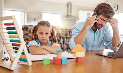 Image showing Girl with homework angry, father stress for remote work or online task on laptop in living room. Child upset as dad working from home on internet, kid wants attention or time to play as family