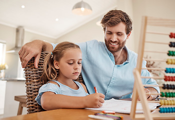 Image showing Student, writing and learning girl with dad teacher help with math problem homework solution together in living room. Happy homeschool class dad or father teaching kid abacus and numbers education