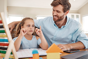 Image showing Education, family and e learning with father and child for kindergarten, homeschooling or knowledge at home. Online, preschool and remote young girl and dad with homework, study or internet