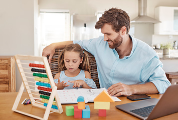 Image showing Math, school work and family learning for education together, working on knowledge and help with project at table in house. Girl and father counting on fingers with books and studying in home