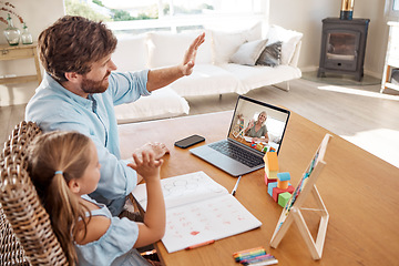 Image showing Video call, education and learning with a girl, father and teacher in a remote meeting on a laptop from home to attend a virtual class. Studying, technology and school with a man and daughter waving