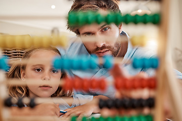 Image showing Education, learning and abacus in family homeschooling of a father teaching daughter maths in order to count at home. Dad helping little girl in mathematics and arithmetics on a calculating tool