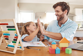 Image showing Education, learning and high five by father and girl in homeschooling lesson at kitchen table. Support, teaching and help in child development by parent and daughter winning in homework, abacus math