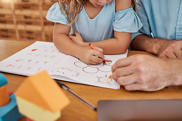 Image showing Girl, student and teacher with color crayon for creative lesson for hand coordination skills. Education, learning and school workbook art activity with child and professional tutor in home.