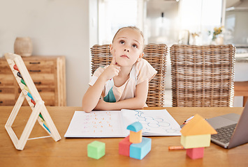 Image showing Education, learning and development with a girl thinking of an idea while doing homework or remote studying from home. Student, study and learn with a young female child day dreaming in her house