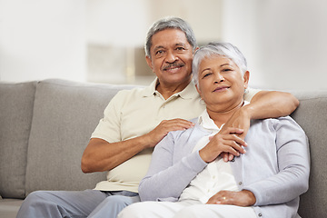 Image showing Portrait of senior couple relax with love on a home living room sofa happy, smile and enjoy peace, freedom and calm lifestyle. Romantic, elderly man and woman living retirement life together bonding