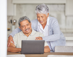 Image showing Retirement, laptop and senior couple on the internet reading an email or news via a social network website. Happy elderly woman with a relaxed husband streaming or browsing online at home