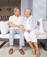Image showing Retirement, love and marriage with senior couple sitting on sofa together for care, support and wellness. Elderly, trust and embrace with old age married man and woman in family home