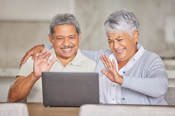 Image showing Video call, laptop and senior couple networking online with home wifi looking relax, happy and healthy in retirement. Virtual zoom communication elderly people and woman for global love connection