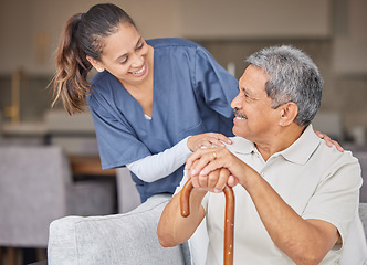 Image showing Healthcare, kindness and support with nurse helping elderly patient in assisted living home, smile and content. Happy senior man bonding with a friendly caregiver, talking and laugh together on sofa