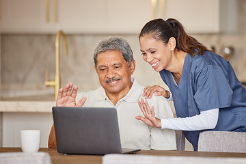 Image showing Elderly man with caregiver on laptop video call talking, conversation and greeting or waving hello. Woman, nurse or medical caretaker help and support retirement senior with online web communication