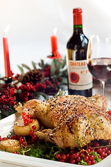 Image showing Roasted goose and trimmings for Christmas