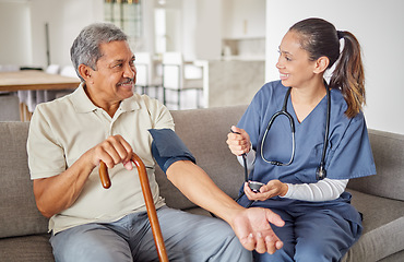 Image showing Blood pressure, senior man or nurse in healthcare, medical wellness or insurance check. Happy, trust or consulting medicine worker or caregiver on nursing home sofa with retirement disability elderly