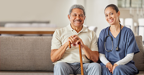 Image showing Consulting nurse, senior man and healthcare communication, planning medicine in nursing home and smile for service in house. Portrait of hospital worker caring for elderly person for medical help