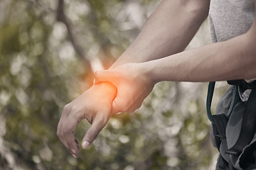 Image showing Nature, fitness and man with wrist pain or injury from physical action with red light. Fitness man check for injured muscle and joint inflammation outdoor during activity, workout or training