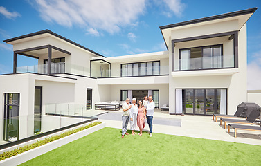 Image showing Portrait of happy family moving into their luxury home, house or real estate property in summer. Homeowner, grandparent and girl standing on the garden grass ready to move in with a smile together