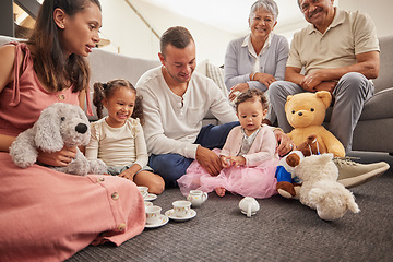 Image showing Parents, grandparents and children with toys in home living room or family home happy love, support and reunion. Mexico generation of senior retirement people, mom and dad play with kids teddy bear